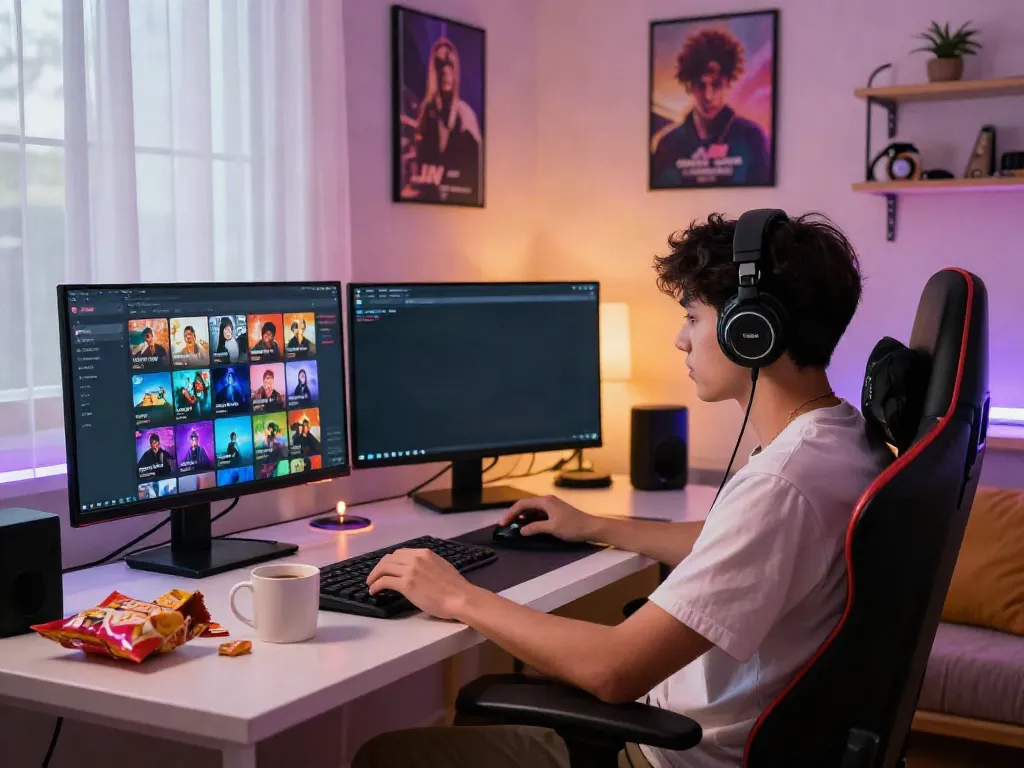 Engaged viewer streaming jav sub indo in a cozy, vibrant setup.