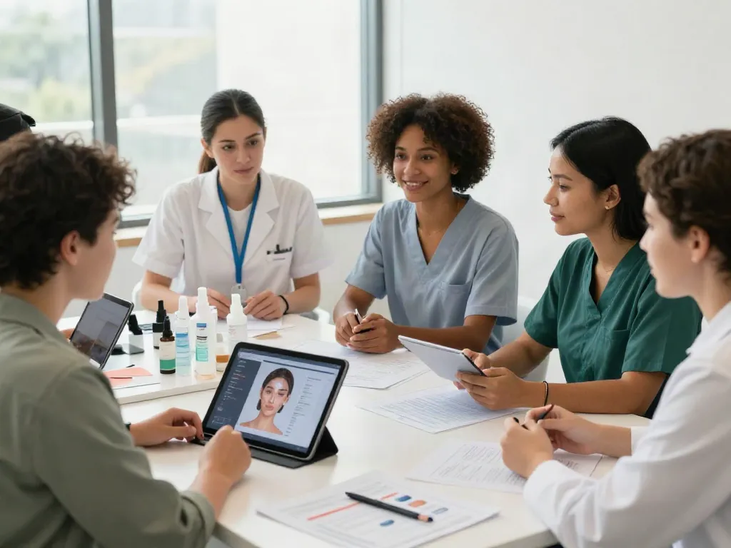Alternatives to QOVES: Professionals analyzing facial aesthetics using AI technology and skincare products in a modern office.