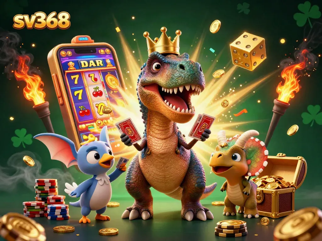 Experience thrilling action at sv368 with a T-Rex playing cards and colorful casino elements.