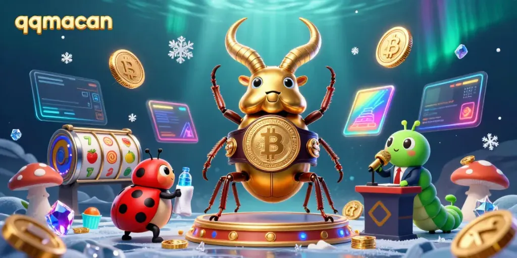 Engage with the vibrant qqmacan scene featuring a golden stag beetle and tiny betting elements.