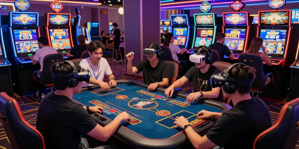 Players enjoying Kecak4D gaming experience in a lively casino environment, surrounded by colorful slot machines and immersive digital gameplay.