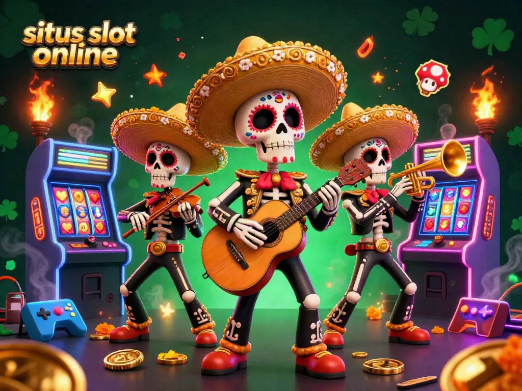 Experience thrilling gameplay at situs slot online with colorful skeleton mariachi band and vibrant game elements.