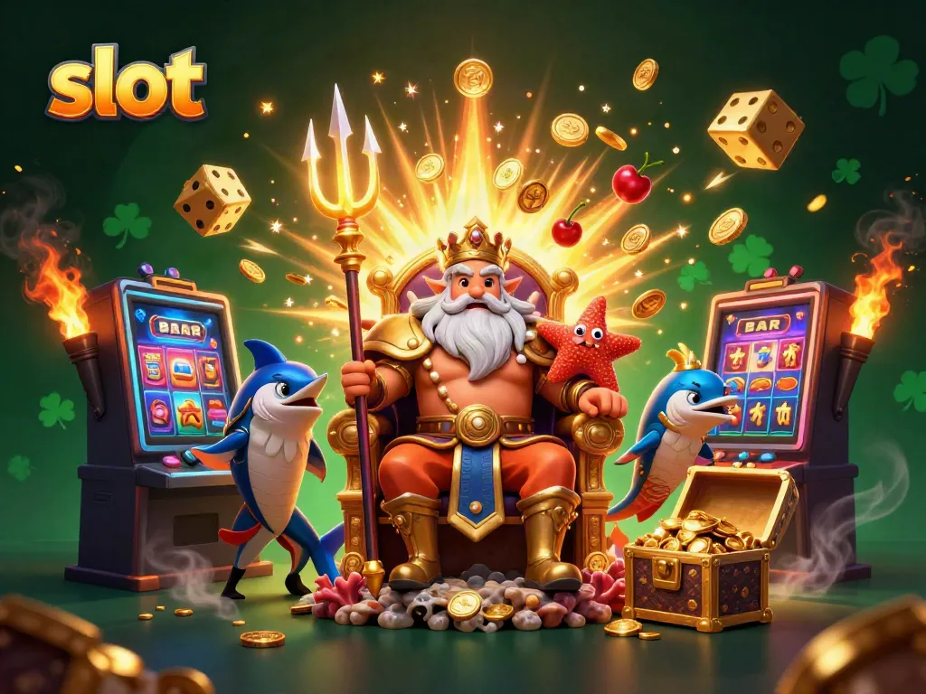 Slot kasino dengan simbol keberuntungan dan petualangan uang di laut.