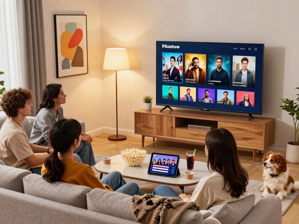 Friends enjoying movies on Pikashow in a cozy living room setting, highlighting shared entertainment moments.